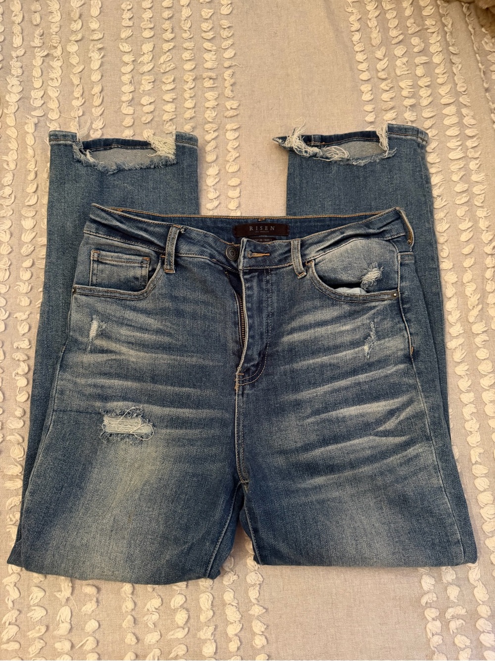 Risen Women's Cropped Distressed Ankle Jeans in Medium Blue